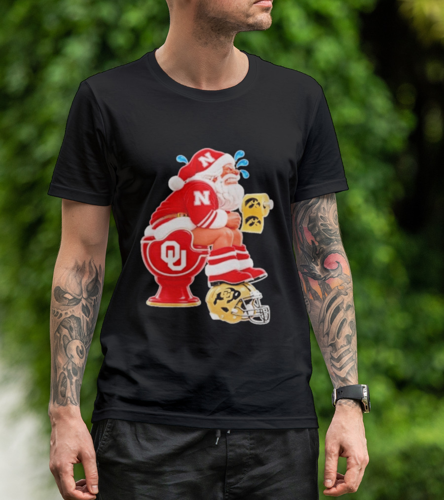 Nebraska Santa On Oklahoma Toilet With Iowa Toilet Paper And Colorado Helmet Football Rivalry Humor T-Shirt