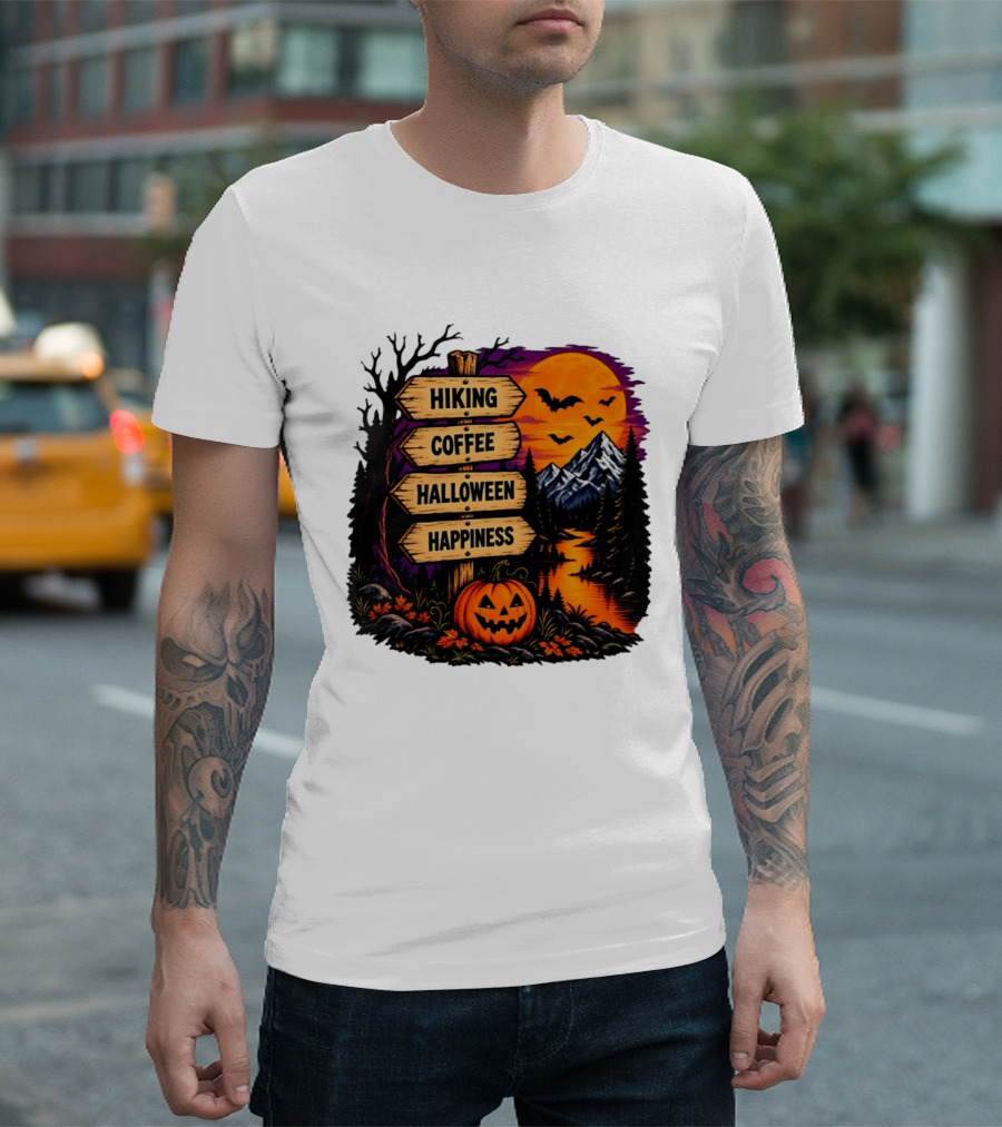 Hiking Coffee Halloween Happiness Fall Season Signpost Scenic Sunset Pumpkin Bats T-Shirt
