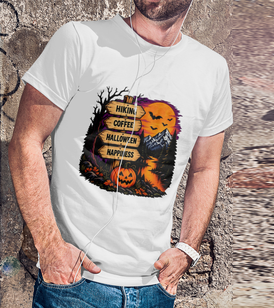 Hiking Coffee Halloween Happiness Fall Season Signpost Scenic Sunset Pumpkin Bats T-Shirt