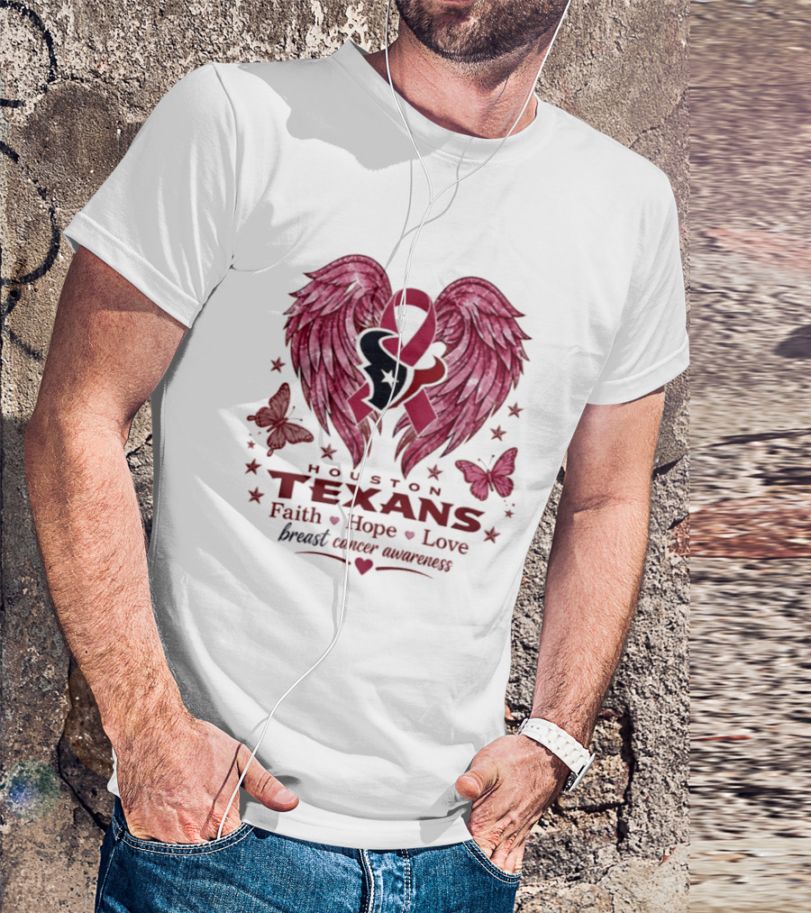 Houston Texans Breast Cancer Awareness Faith Hope Love Wings T-Shirt