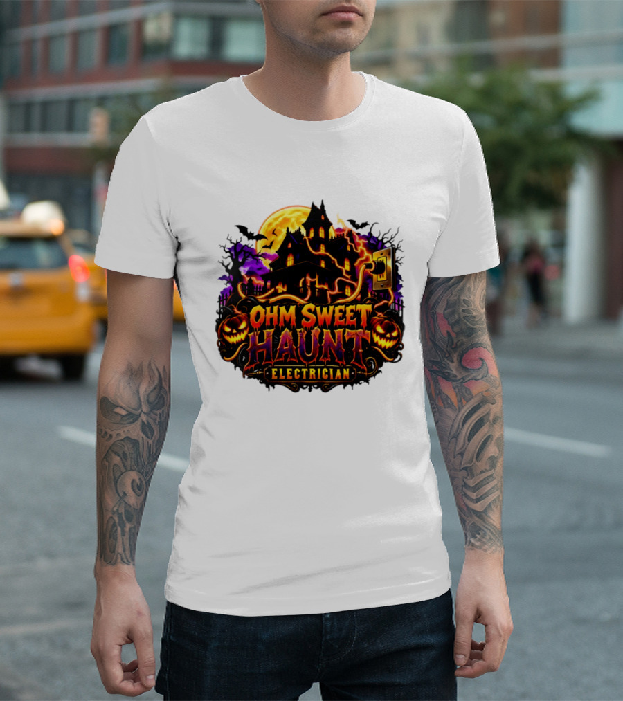 Ohm Sweet Haunt Electrician Halloween Haunted House With Pumpkins And Bats T-Shirt