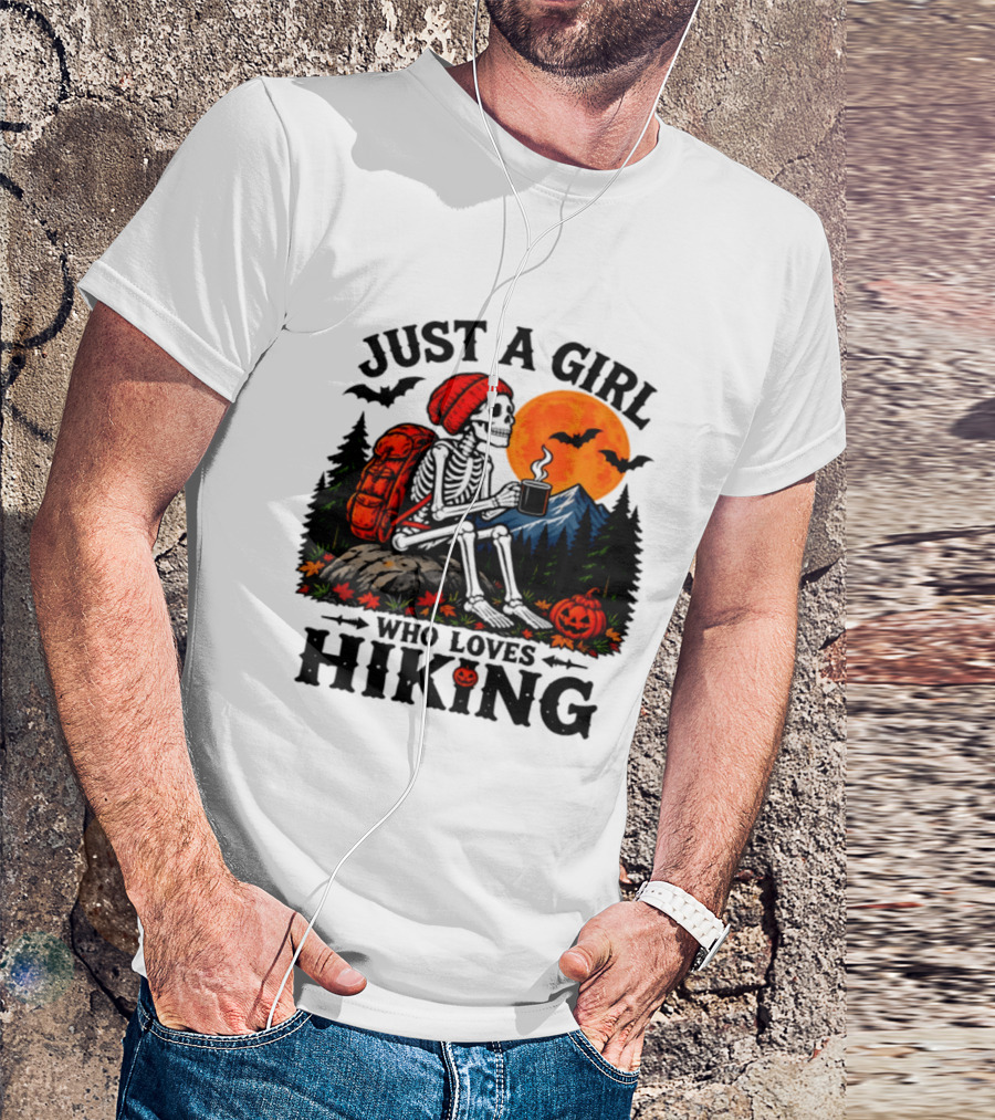 Just A Girl Who Loves Hiking Skeleton Autumn Halloween Pumpkin Bats And Coffee T-Shirt