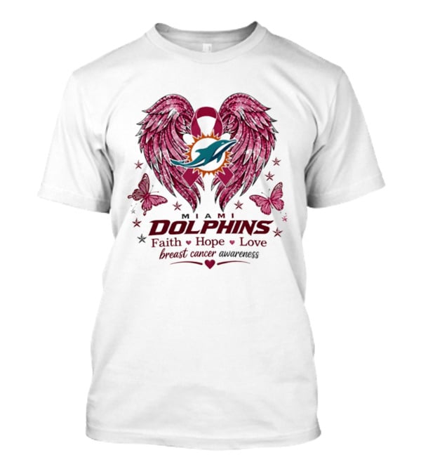 Miami Dolphins Breast Cancer Awareness Faith Hope Love Pink Ribbon Wings T-Shirt
