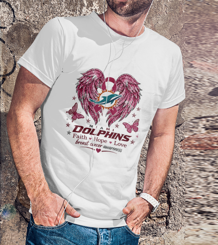 Miami Dolphins Breast Cancer Awareness Faith Hope Love Pink Ribbon Wings T-Shirt