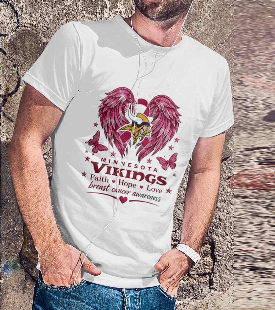 Minnesota Vikings Breast Cancer Awareness Faith Hope Love Wings T-Shirt