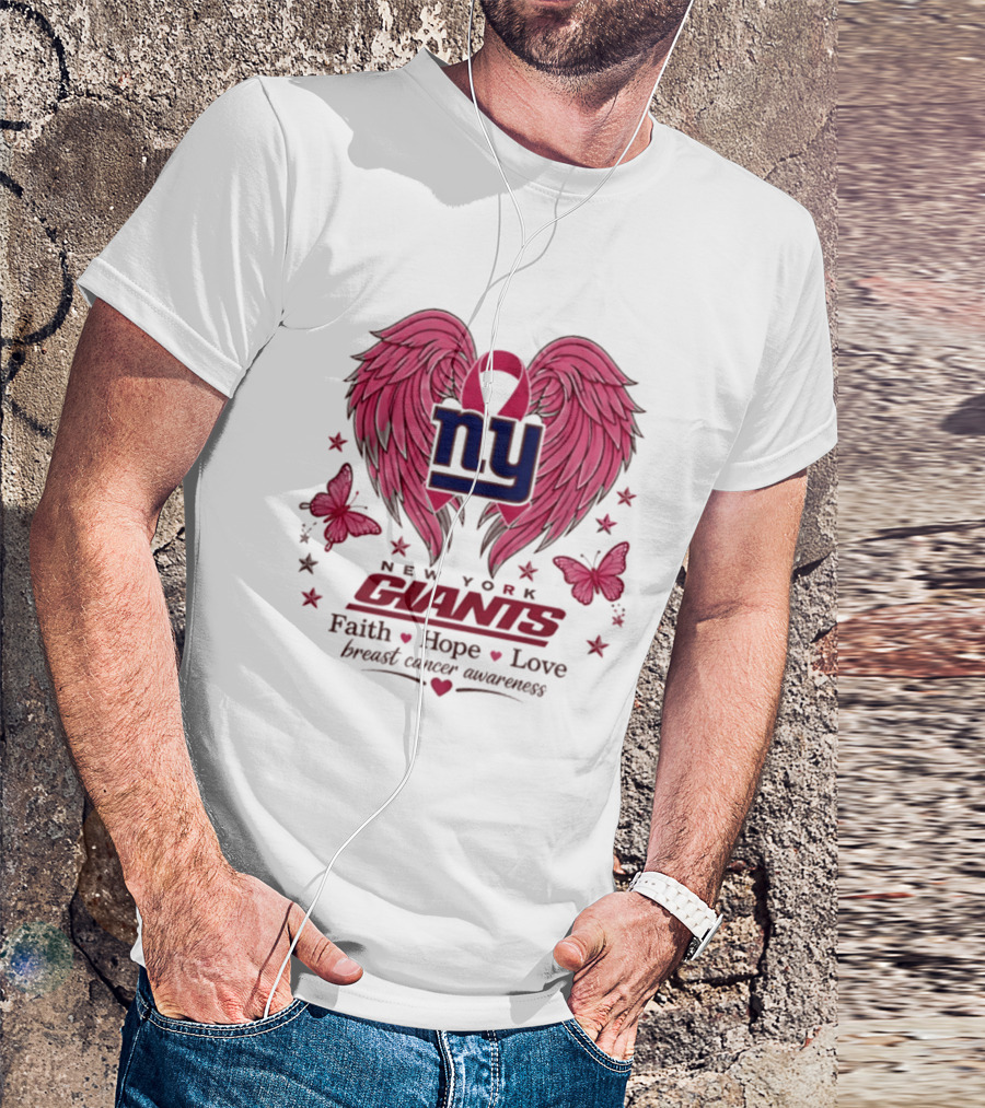 New York Giants Breast Cancer Awareness Faith Hope Love Pink Wings Ribbon T-Shirt