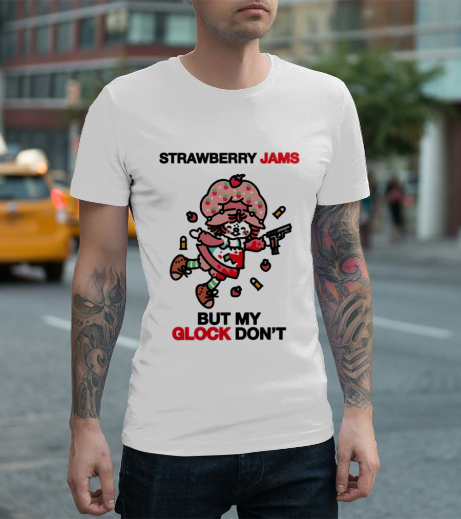 Strawberry Jams But My Glock Don't Cartoon Character With Pink Frosted Hat And Pistol T-Shirt