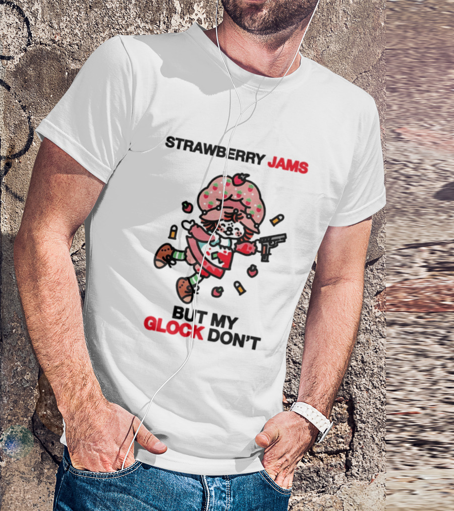 Strawberry Jams But My Glock Don't Cartoon Character With Pink Frosted Hat And Pistol T-Shirt
