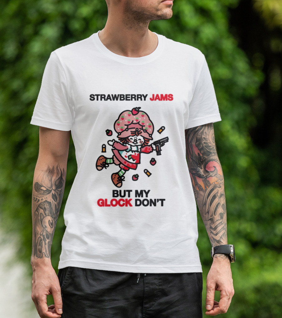 Strawberry Jams But My Glock Don't Cartoon Character With Pink Frosted Hat And Pistol T-Shirt