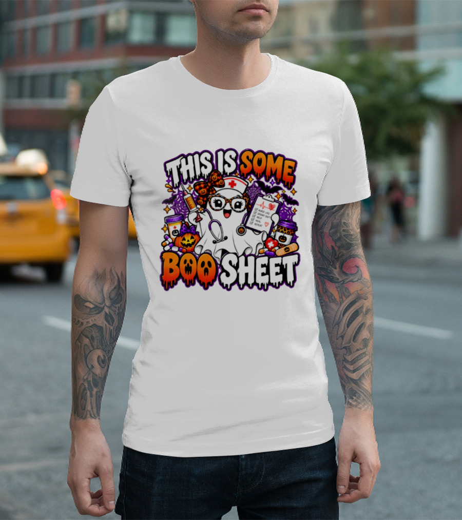 This Is Some Boo Sheet Nurse Life Spooky Shift Halloween 2026 Pumpkin Ghost Nurse Hat Glasses Bats T-Shirt