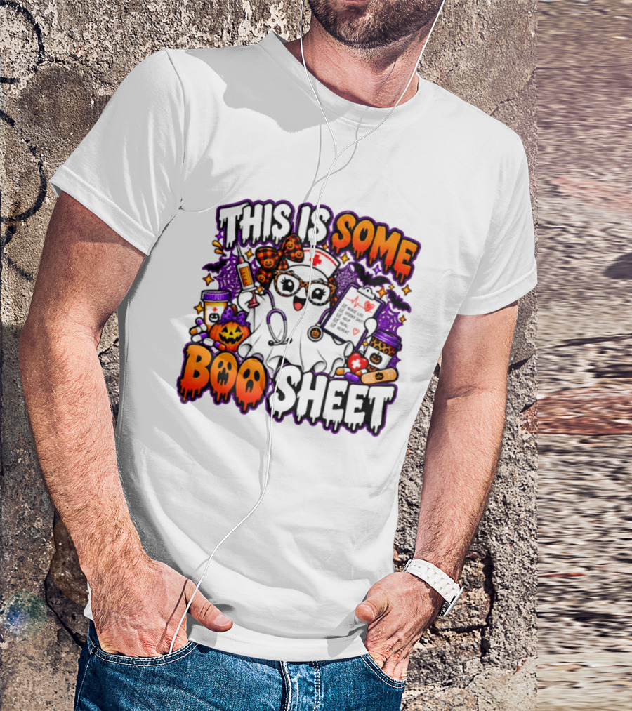This Is Some Boo Sheet Nurse Life Spooky Shift Halloween 2026 Pumpkin Ghost Nurse Hat Glasses Bats T-Shirt