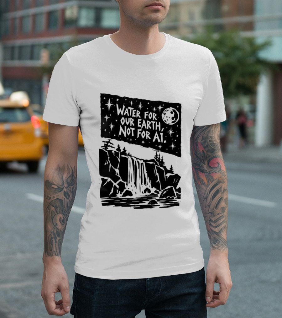 Water For Our Earth Not For AI Moonlit Waterfall Environmental Message T-Shirt