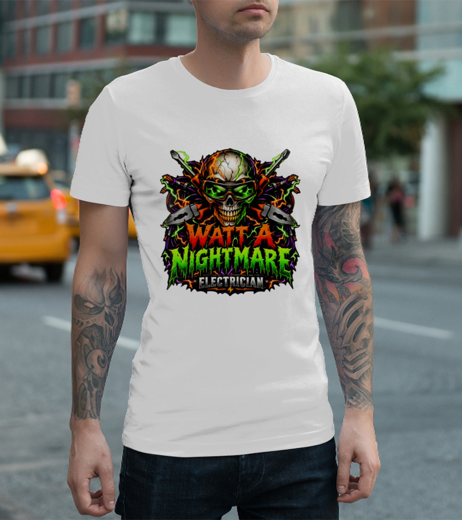 Watt A Nightmare Electrician Skull Halloween T-Shirt