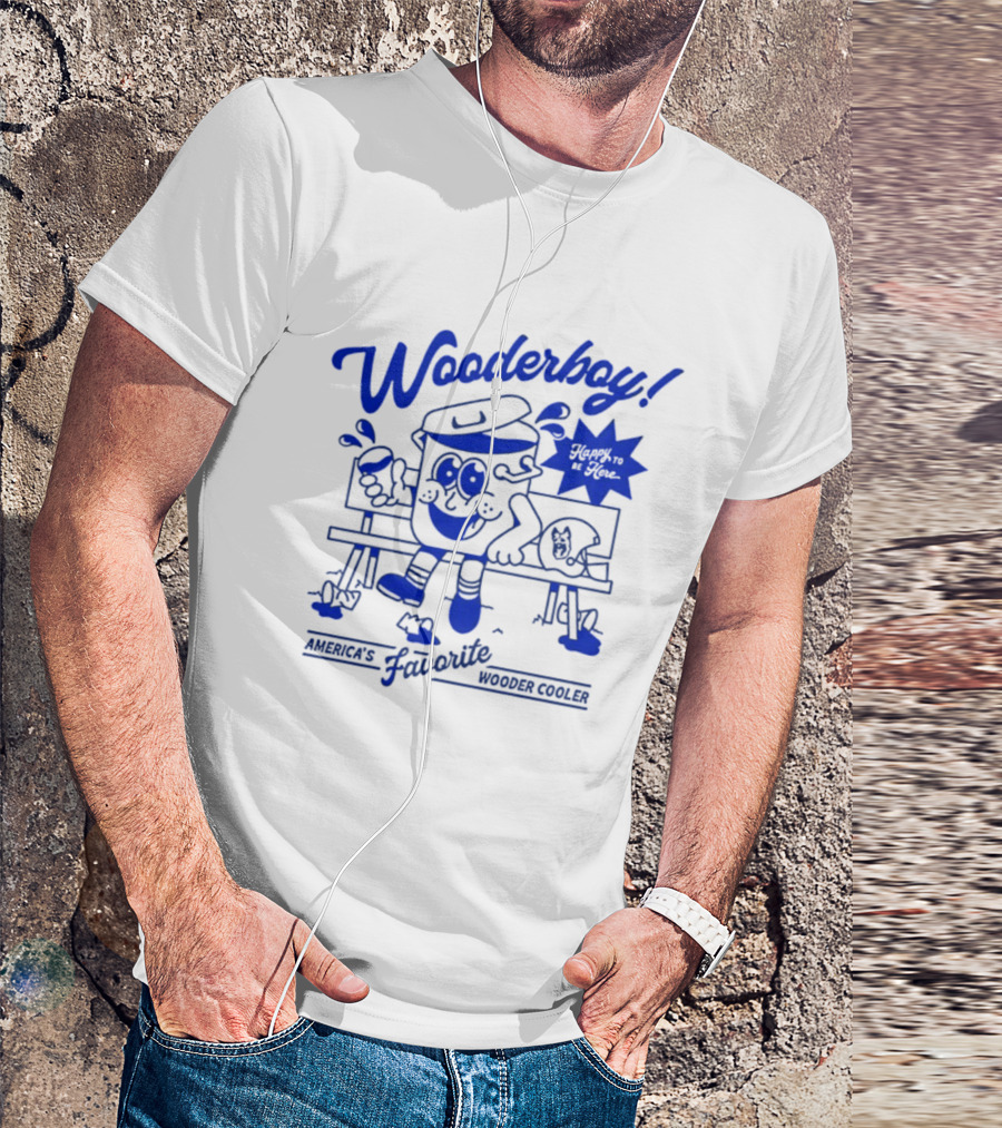 Wooderboy America's Favorite Wooder Cooler Happy To Be Here Cartoon Character Sitting On Bench With Drink T-Shirt