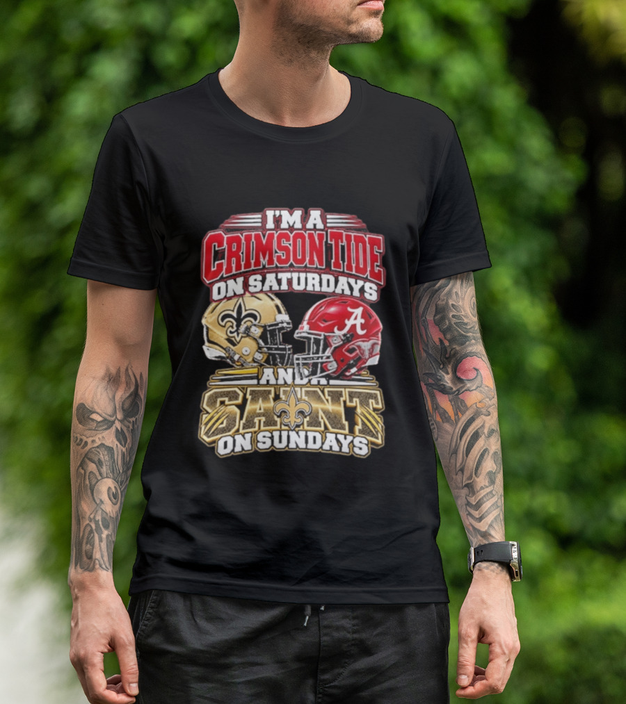 I'm A Crimson Tide On Saturdays And A Saint On Sundays Football Helmets T-Shirt