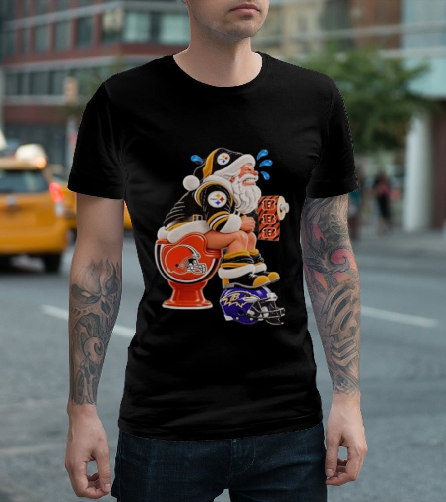 Pittsburgh Steelers Santa Christmas Cleveland Browns Toilet Baltimore Ravens Helmet Cincinnati Bengals Toilet Paper Football T-Shirt