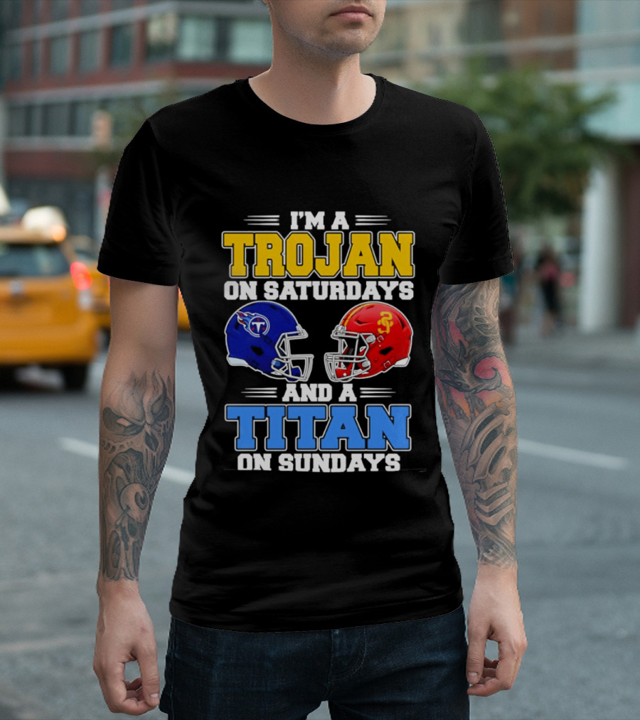 USC Trojans On Saturdays Titans On Sundays Football Helmets T-Shirt