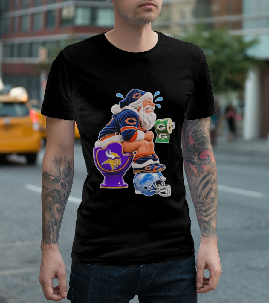 Santa Claus On Toilet Minnesota Vikings Detroit Lions Green Bay Packers Chicago Bears Funny Christmas 2026 Football T-Shirt