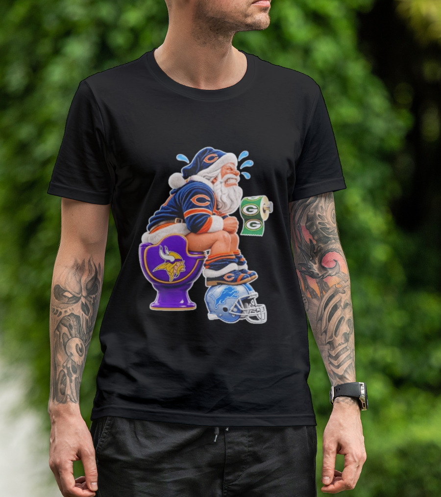 Santa Claus On Toilet Minnesota Vikings Detroit Lions Green Bay Packers Chicago Bears Funny Christmas 2026 Football T-Shirt