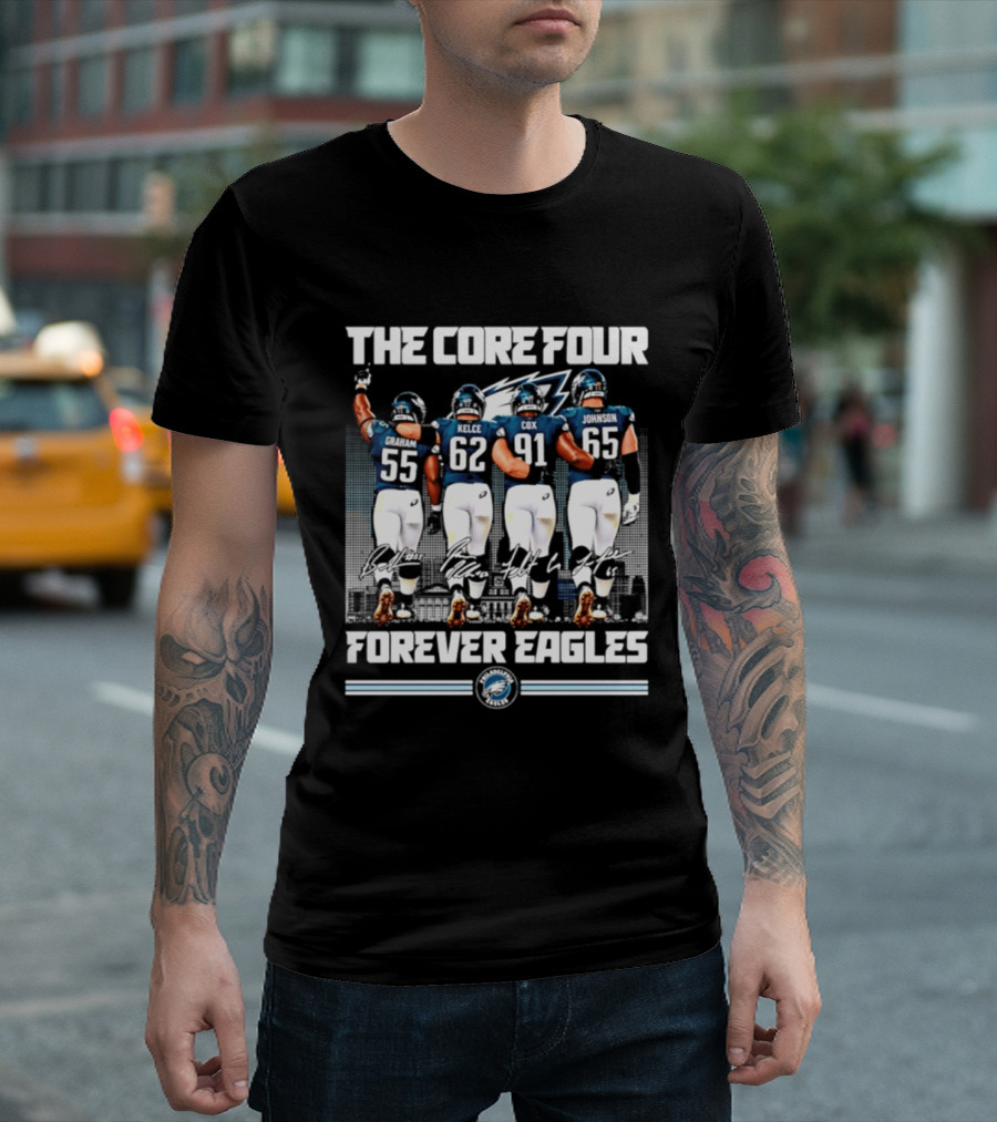 Philadelphia Eagles The Core Four Jenkins Kelce Cox Johnson Forever Legends Skyline Signatures T-Shirt