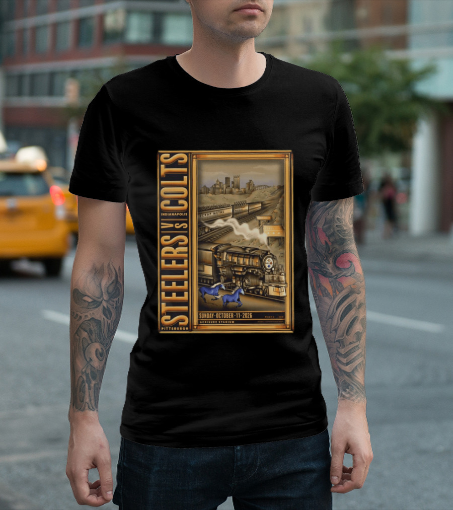 Pittsburgh Steelers Vs Indianapolis Colts Sunday October 11 2026 Acrisure Stadium Cityscape With Train And Blue Horses T-Shirt