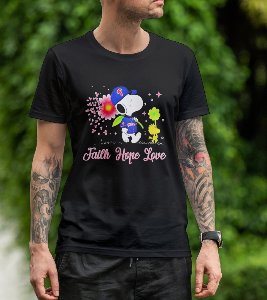 Philadelphia Phillies Snoopy Faith Hope Love Breast Cancer Awareness T-Shirt