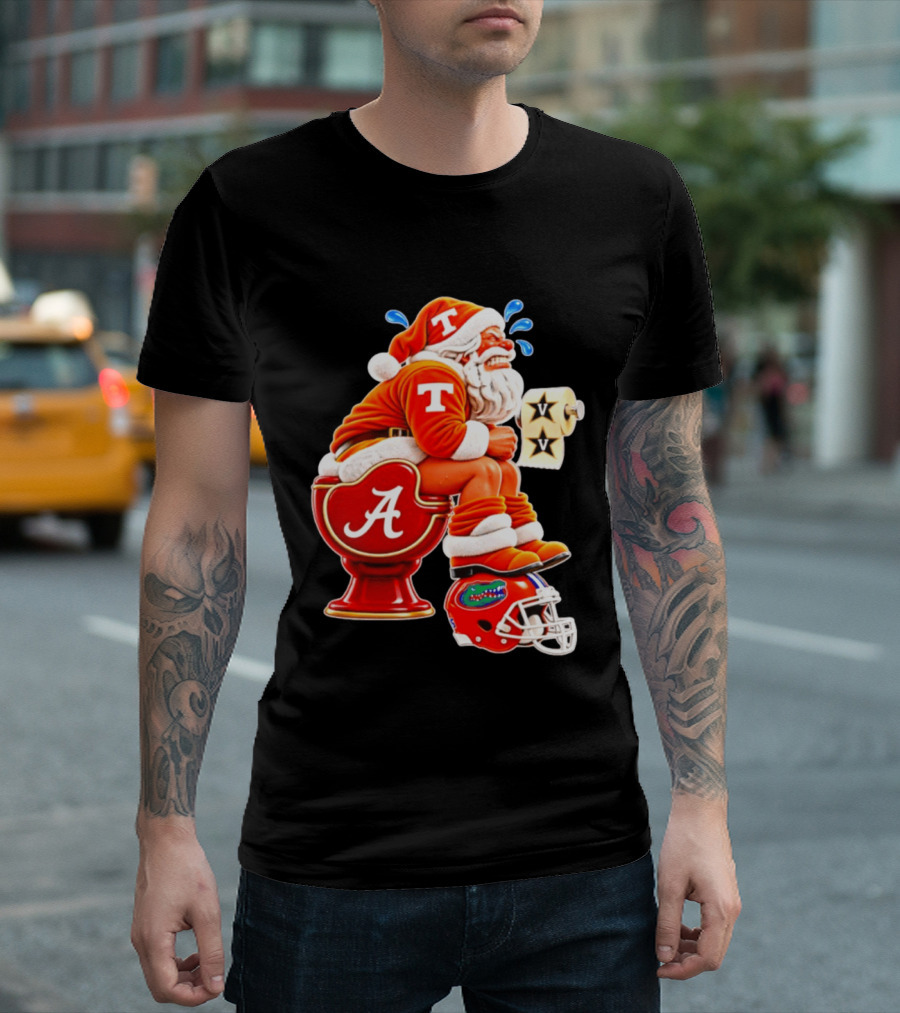 Tennessee Volunteers Santa Claus With Alabama Crimson Tide Toilet Vanderbilt Commodores Toilet Paper Florida Gators Helmet T-Shirt