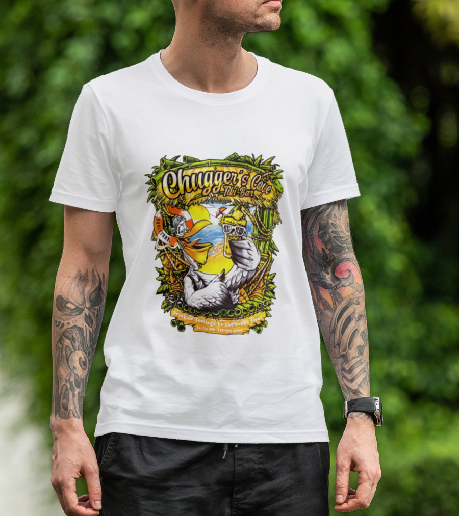 Chugger's Cove Tiki Bar Beach Pelican Drink Ur Feelings Ocean Floor Berlin MD T-Shirt