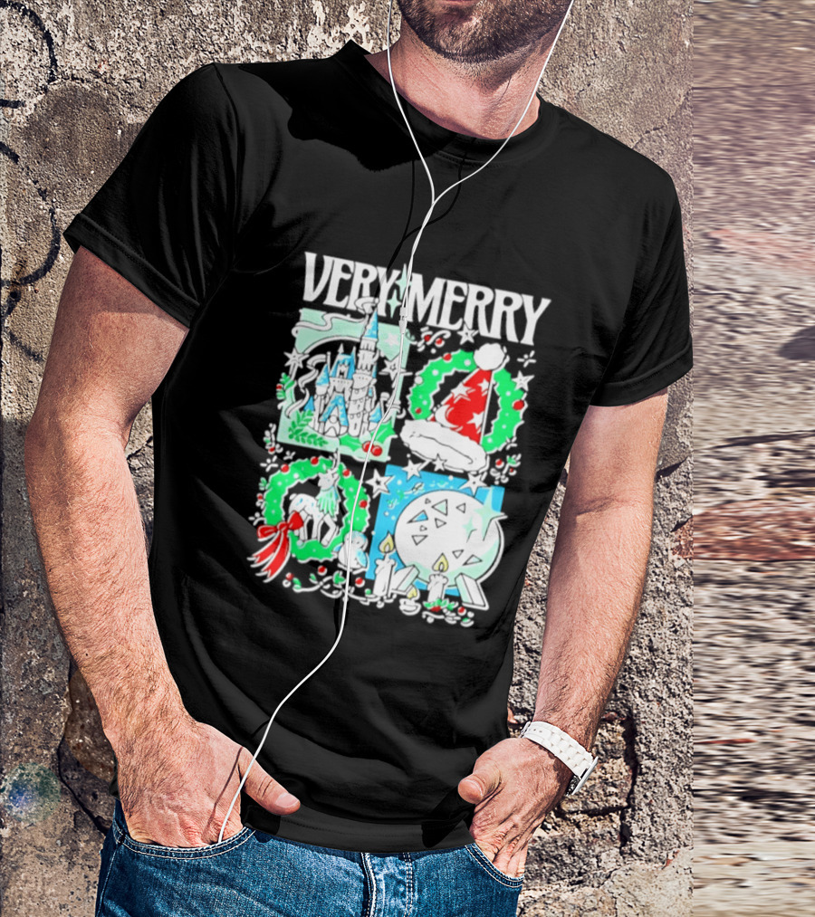 Very Merry 2026 Christmas Disney Castle Holiday Wreath And Santa Hat Candles T-Shirt