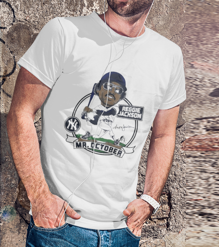 Yankees Reggie Jackson Mr. October Caricature Signature Art With NY Yankees T-Shirt