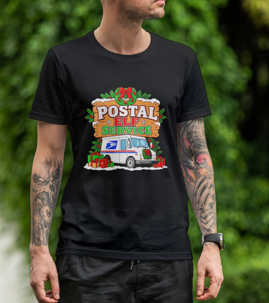 USPS Christmas Postal Elf Service Truck Wreath And Holiday Gifts T-Shirt