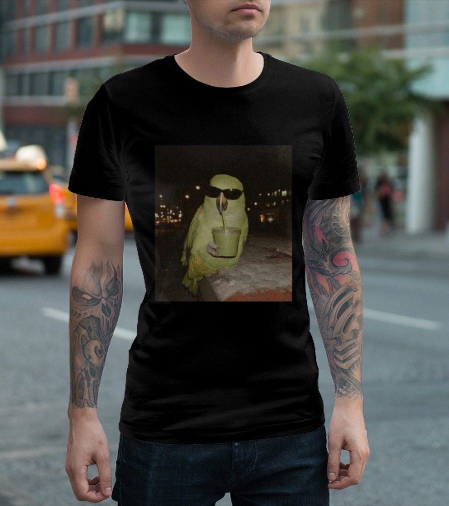 Parrot Wearing Sunglasses Enjoying Green Smoothie At Night T-Shirt