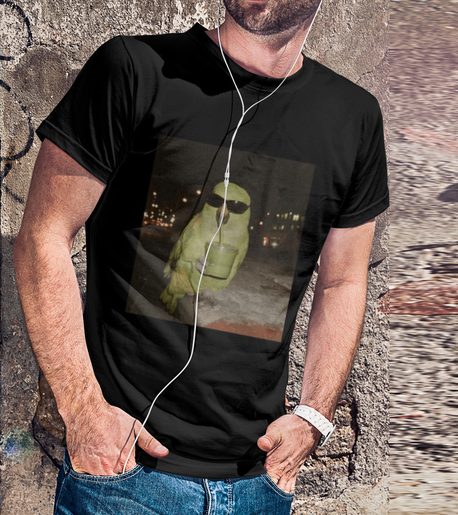 Parrot Wearing Sunglasses Enjoying Green Smoothie At Night T-Shirt