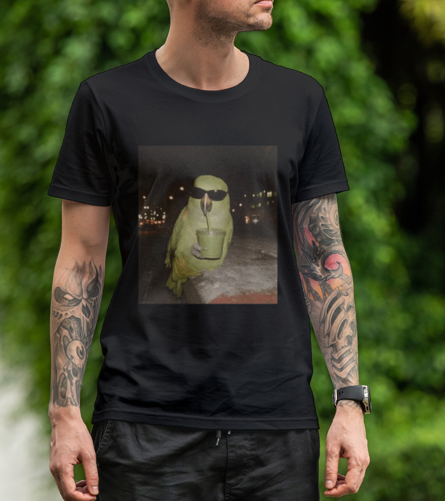 Parrot Wearing Sunglasses Enjoying Green Smoothie At Night T-Shirt