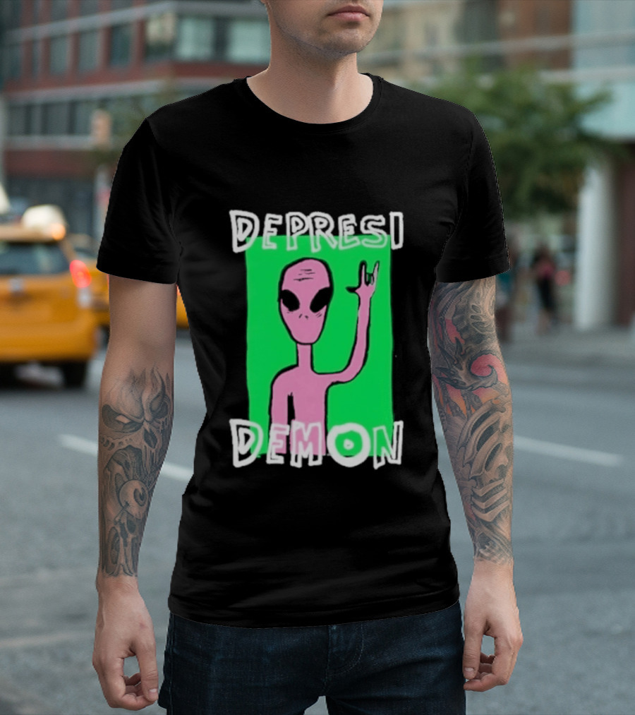 Depresi Demon Pink Alien Rock On Meme T-Shirt