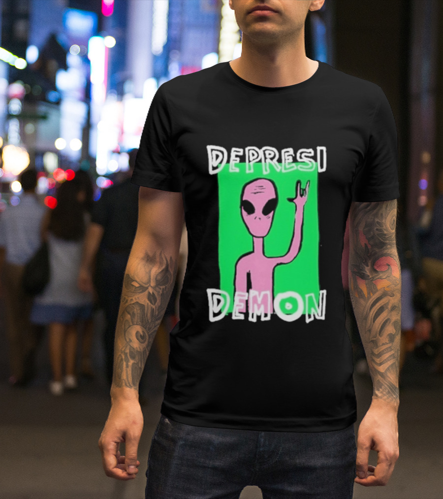 Depresi Demon Pink Alien Rock On Meme T-Shirt