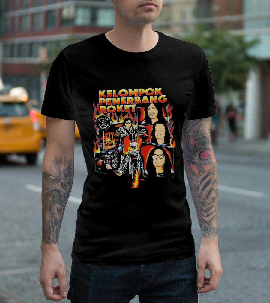 Kelompok Penerbang Roket Soleh Solihun Indonesian Rock Band Biker Flames Faces T-Shirt