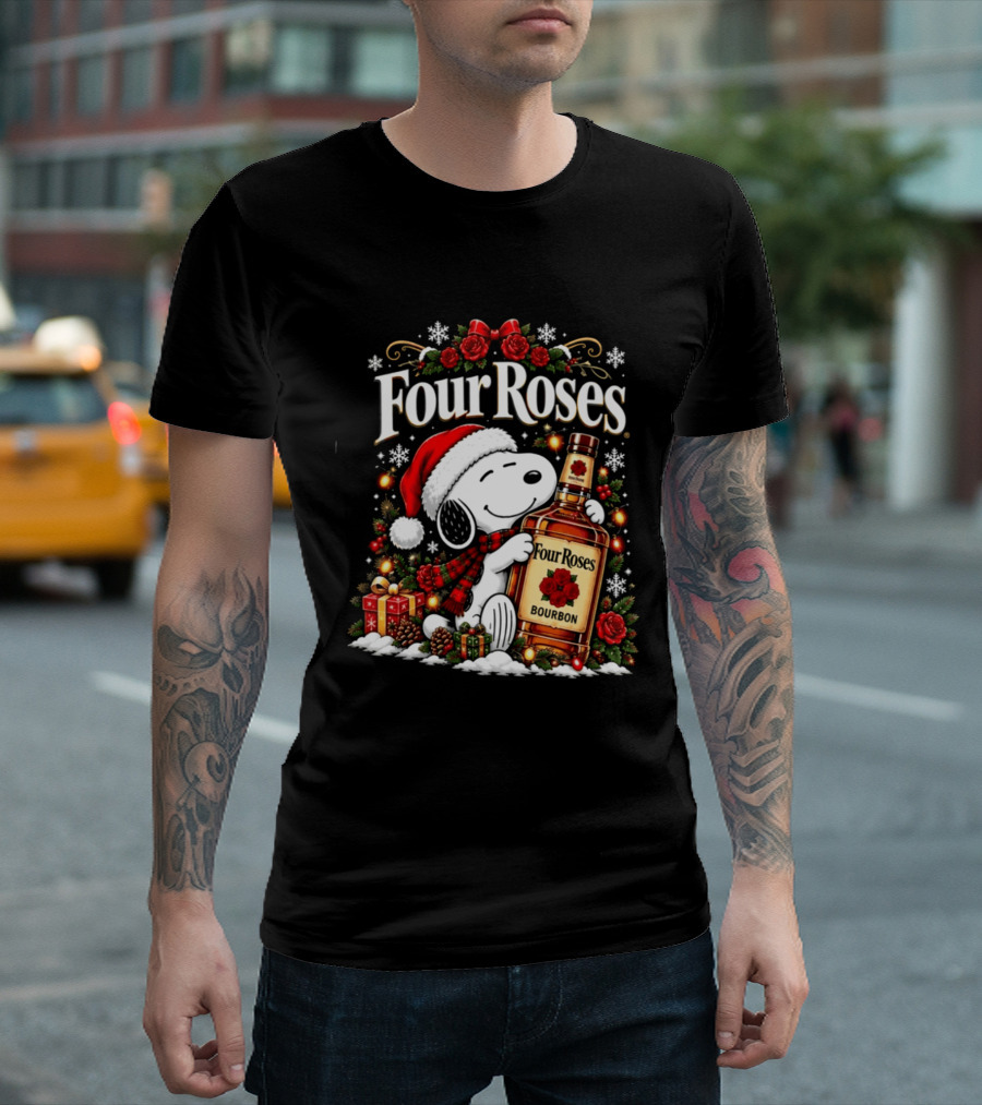 Four Roses Christmas 2026 Bourbon Snoopy Santa Hat Festive Cheer T-Shirt