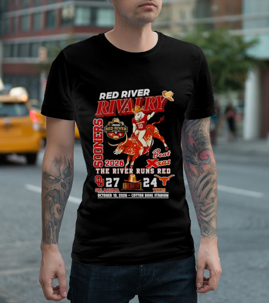 Red River Rivalry Sooners Beat Texas 2026 The River Runs Red 27 24 Oklahoma T-Shirt