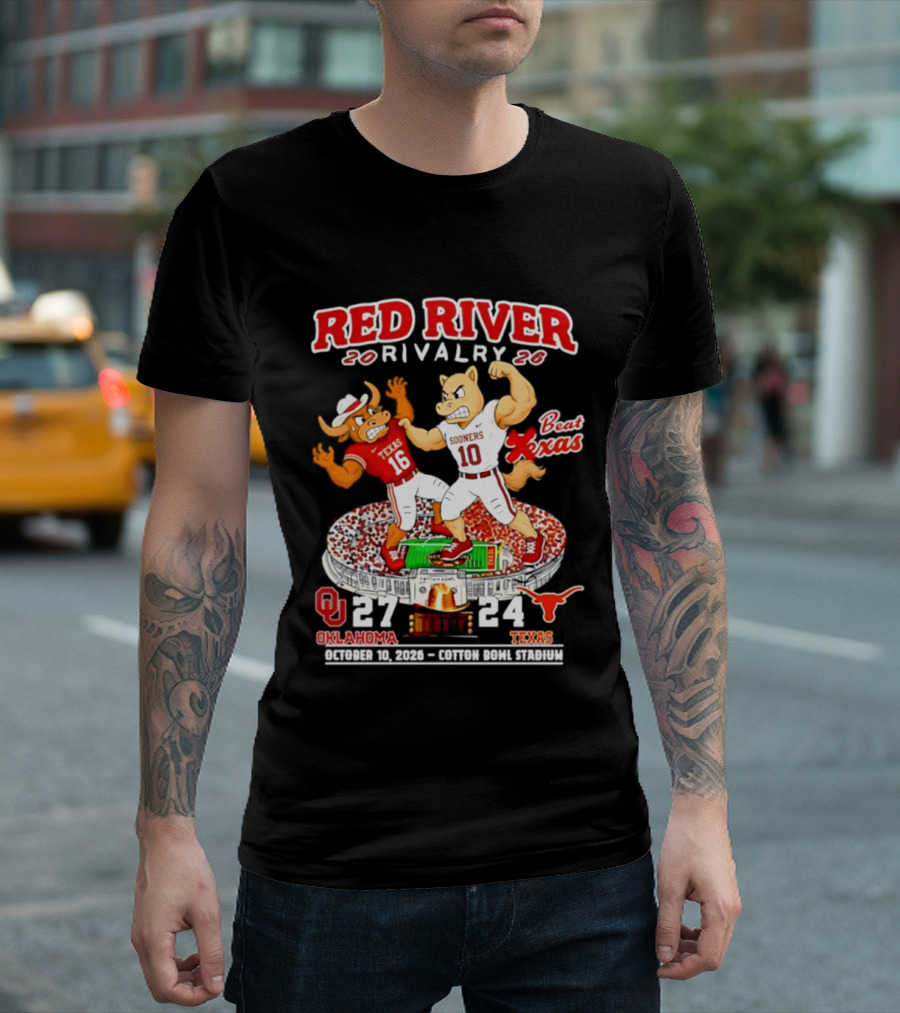 Red River Rivalry 2026 Oklahoma Sooners 27 Texas 24 October 10 Cotton Bowl Stadium T-Shirt