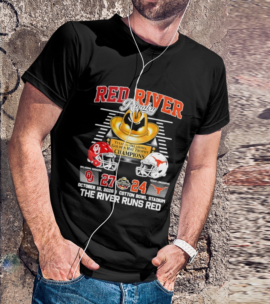 Oklahoma Sooners Red River 2026 The River Runs Red 27 24 Cotton Bowl Stadium T-Shirt