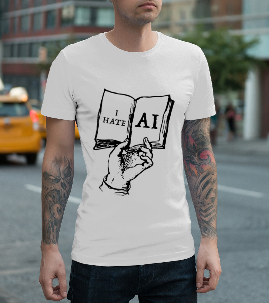 I Hate AI Artificial Intelligence Technology Text On Open Book T-Shirt