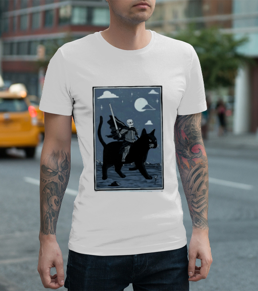 Skeleton Knight On Black Cat Under Moon And Stars Idle Hands Invite Mischief T-Shirt
