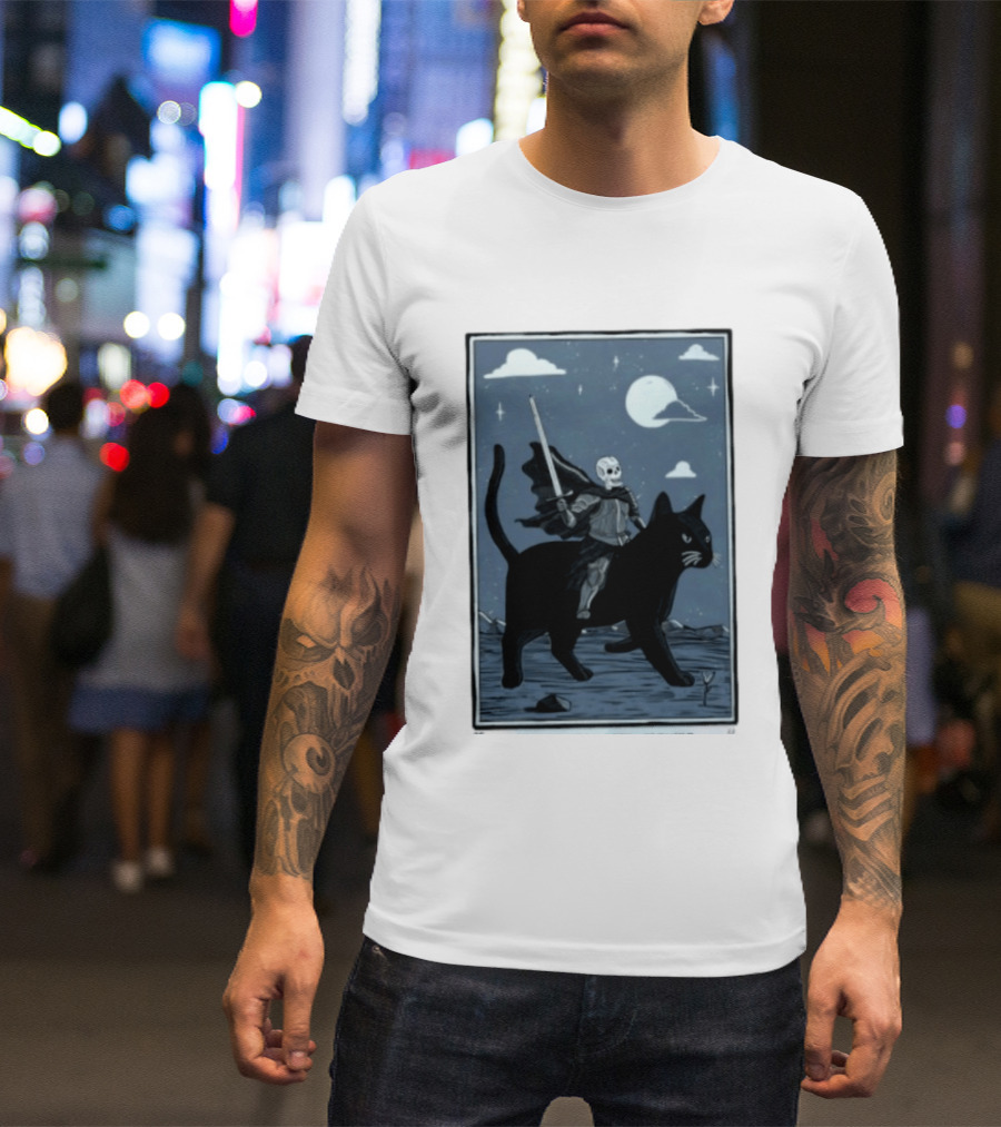 Skeleton Knight On Black Cat Under Moon And Stars Idle Hands Invite Mischief T-Shirt