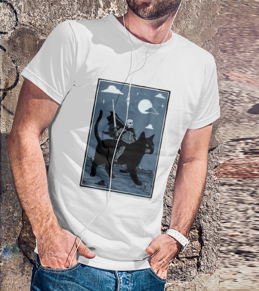 Skeleton Knight On Black Cat Under Moon And Stars Idle Hands Invite Mischief T-Shirt