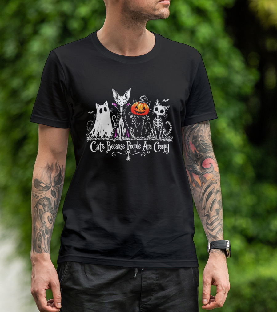 Cats Because People Are Creepy Halloween Cat Pumpkin Skeleton T-Shirt