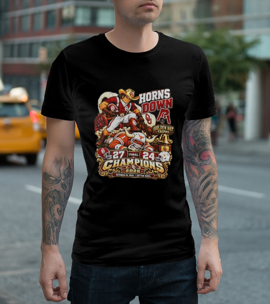 Oklahoma 27 24 Texas Red River Showdown Horns Down Golden Hat Trophy Champions 2026 T-Shirt