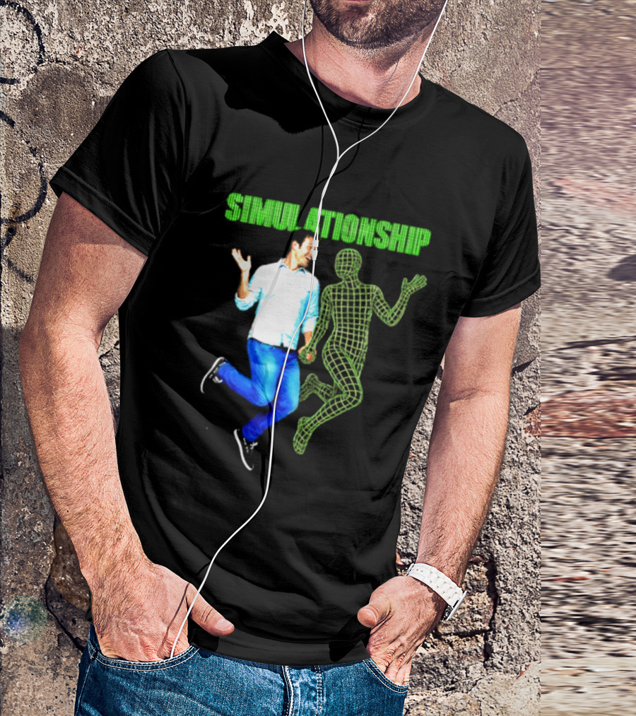 Simulationship Simulation Glitch Digital Jumping Man And Wireframe Figure T-Shirt