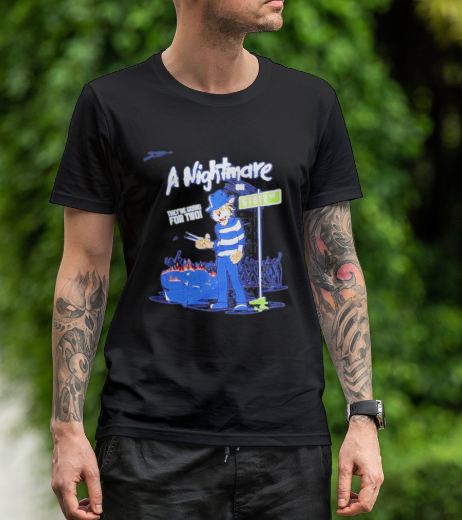A Nightmare On State St They're Going For Two Cat Character In Blue And White Stripes T-Shirt