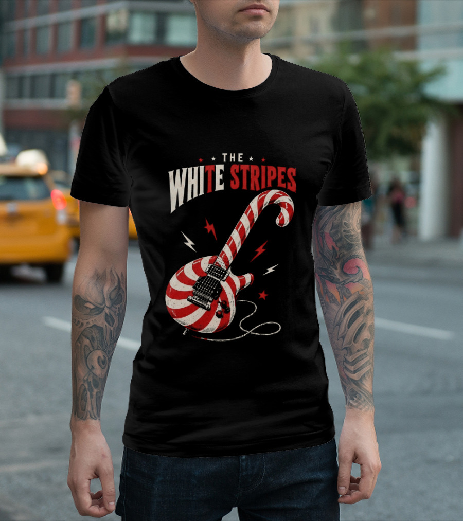 The White Stripes Candy Cane Christmas Guitar Rock Themes T-Shirt